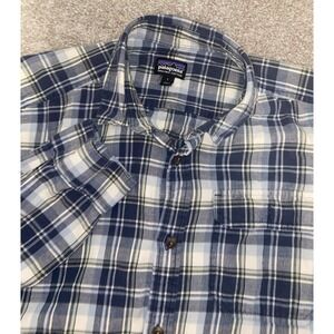 Patagonia Worn Wear Mens Flannel Blue/Yellow Plaid Check Mens Large Cotton Read